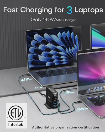 Power Up with the 140 W Ga N USB-C Charging Station: 5-Port High-Speed Charger for Mac Book, i Phone 15, and Samsung Galaxy – Enhanced Display for Real-Time Monitoring, Sleek Black Design, Perfect for Home & Office Use