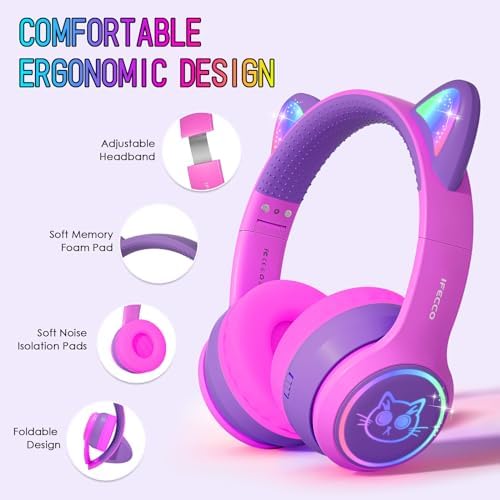IFECCO Wireless Kids Bluetooth Cat Ear Headphones – Fun Light-Up Design with Volume Limiting Feature, Built-in Microphone, and Foldable Portability for Travel and Learning – Ultimate Gift for Young Music Enthusiasts