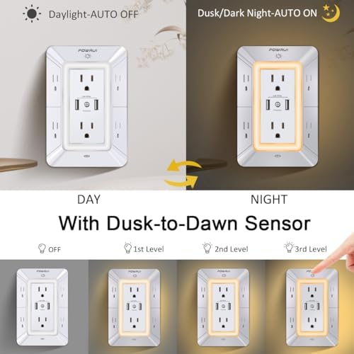 Maximize Your Charging Efficiency with the POWRUI 6-Outlet Extender & USB Wall Charger – Versatile Surge Protector with Dual 2.4 A USB Ports, Integrated Night Light, 3-Sided Design for Optimal Space Utilization, ETL Certified Safety, Ideal for Home and Office Use