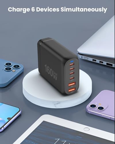 GEEKERA 160 W 6-Port USB C Fast Charging Station – Ultimate Multiport Wall Charger with 4 USB-C & 2 USB-A Ports – High-Speed Power Hub for i Phone 16, i Pad Pro, Mac Book, Samsung Galaxy, Pixel, & Nintendo Switch – Compact & Portable Design for Efficient Device Charging at Home or On-the-Go