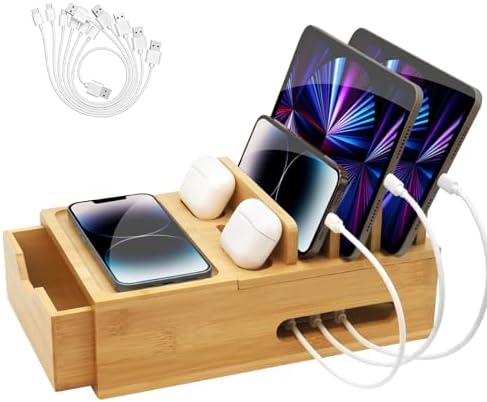 Eco-Friendly Bamboo Charging Station for Multiple Devices – Sleek Desktop Organizer with Drawer & Tray, Includes 6 Versatile Charging Cables, Compatible with Cell Phones, Tablets & Earphones – Fast Charging Solution for a Clutter-Free Workspace
