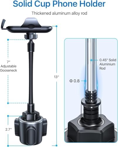 Military-Grade Adjustable Cup Phone Holder for Cars and Trucks – 2025 Enhanced 360° Gooseneck with Anti-Shake Technology for Universal Compatibility (4.0-7.0″) – Ideal for i Phone, Samsung, Pixel – Elevate Driving Experience and Safety