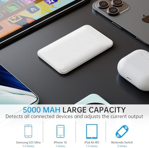 Ultra-Light 5000 m Ah Portable Power Bank – Pocket-Sized Smartphone Charger with Fast 2.1 A Output, LED Power Indicators, Perfect for Travel, Commuting, and Concerts – Airline-Friendly Design for Maximum Compatibility and Convenience