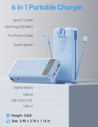 Ultra-Compact 12000 m Ah Power Bank with Built-in Charging Cables & AC Plug – 20 W PD Fast Charging for i Phone, Samsung, Android, USB-C Devices – Travel-Friendly External Battery Pack in Purple – Unmatched Portability and Efficiency for On-the-Go Charging Solutions