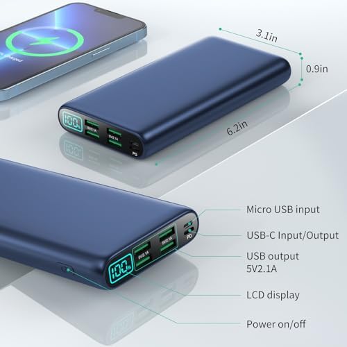 High-Capacity 38800 m Ah Portable Power Bank with LCD Display – Multi-Device Charger Featuring 5 USB Outputs and USB-C Connectivity for Fast Charging – Ideal for i Phone 16/15/14/13 Pro, Samsung Galaxy, Pixel, and Nexus – Ultimate On-the-Go Charging Solution in Blue