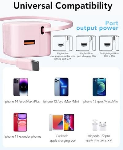 Revolutionary 35 W PD Fast Charging Retractable Wall Charger with Built-in Type-C Cable & USB Port – Ultra-Compact, Foldable Design Ideal for i Phone 16/15, Galaxy S25, and Pixel Devices – Unmatched Portability and Device Safety for Dynamic Lifestyles