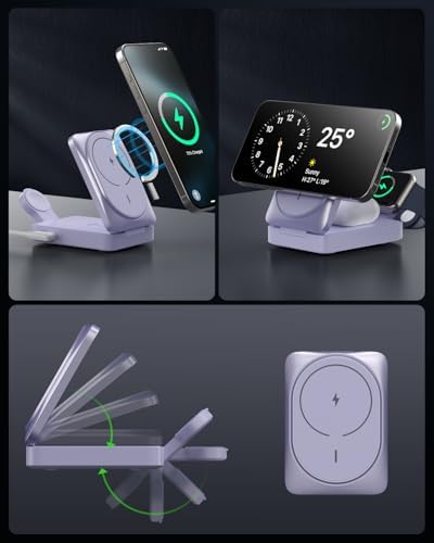 3-in-1 Qi2 Certified Wireless Charging Station – 15 W Fast Magnetic Charger for i Phone 16/15/14/13/12, Apple Watch, Air Pods – Foldable Design with 30 W USB-C Adapter for Ultimate Compatibility and Efficiency – Elevate Your Charging Experience with Enhanced Safety Features and Versatile Viewing Angles