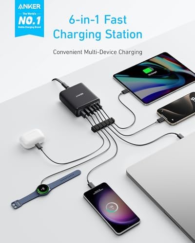 Anker 112 W Max 6-Port Fast Charging Station – Versatile Desktop USB-C Charger for i Phone, i Pad, Mac Book, Samsung & More – Multi-Device Power Hub with Built-in Safety Features for Home, Office & Travel – Custom Charging Experience (Cables Not Included)
