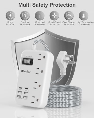 International Travel Power Adapter with 6 USB Ports and 4 AC Outlets – Versatile Plug Converter for European Destinations Including UK, France, Italy, and Germany – Compact 3 ft Extension Cord with Surge Protection for Enhanced Device Safety and Charging Efficiency