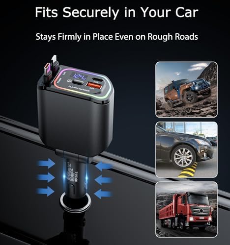 Ultra-Fast 100 W Retractable USB C Car Charger – 4-in-1 Multi-Device Fast Charging Solution with RGB Light for i Phone, Samsung, Android & Laptops – Compact Design for Effortless Portability and Tangle-Free Storage