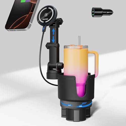 OHLPRO for MagSafe Car Charger Cup Holder Mount, 15W Fast Wireless Magnetic Charging Phone Holder for iPhone 16 15 14 13 12 Series, Adjustable Car Mount with Large Cup Base, One-Hand Operation, Black – Enhanced Compatibility and Speed