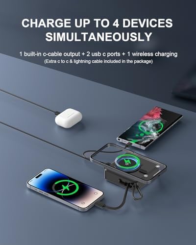 Magnetic 4-in-1 Universal Power Bank – 10,000 m Ah Qi2 Certified Travel Charger with Integrated Cables and 30 W Fast Charging – Versatile Compatibility for i Phone, Samsung, i Pad & More – Sleek LED Display, Built-in USB-C and Lightning Cable, Global Plug Adaptors – Effortless Wireless Charging Anywhere with Enhanced Portability and Efficiency