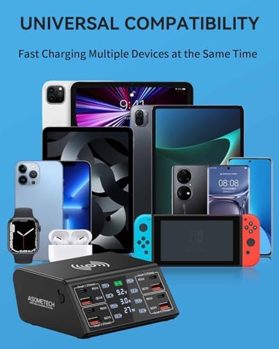 ASOMETECH 100 W 8-Port USB Charging Station with Quick Charge 3.0 & USB-C PD – High-Efficiency Wireless Charging Hub Featuring LCD Display for Seamless Multi-Device Power Management – Ideal for i Phone 13, i Pad, Samsung, and More – Smart Power Distribution & Compact Design for Home or Office