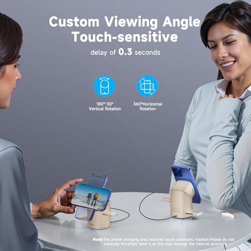 Revolutionary 3-in-1 Rotating Wireless Charger – Qi2 Certified 15 W Fast Charging Station for i Phone 16/15/14/13/12, Apple Watch & Air Pods – Enhanced Heat Management & Magnetic Alignment – Sleek Matte Design with Touch-Sensitive Stand and Ambient Night Light – Effortless Portrait/Landscape Mode for Seamless Use – Ultimate Charging Solution for All Your Apple Devices – Organized Desktop Power Hub with Smart IC Protection – Includes Power Adapter & USB-C Cable – Perfect for Home, Office, or Travel