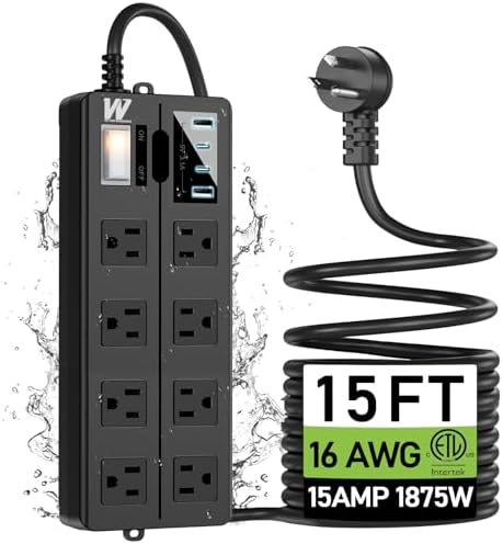 VNJ Outdoor Power Strip: 8 AC Outlets & 4 Fast USB Ports, IPX6 Waterproof Surge Protector with Safety Lock for Secure Connections, ETL-Certified 15 FT Extension Cord – Ideal for Home, Garden, and Commercial Applications