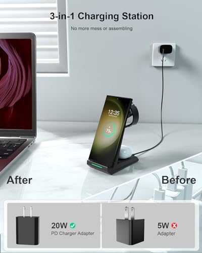 NANAMI Premium 3-in-1 Wireless Charging Station for Samsung Devices – Ultra-Fast Qi Charger Stand for Galaxy S25, S24, S23 Ultra, S22, S21, Z Flip, Fold 4, Galaxy Watch 6/5/5 Pro/4/3 & Buds 2 Pro – Sleek, Space-Saving Design for Modern Lifestyles