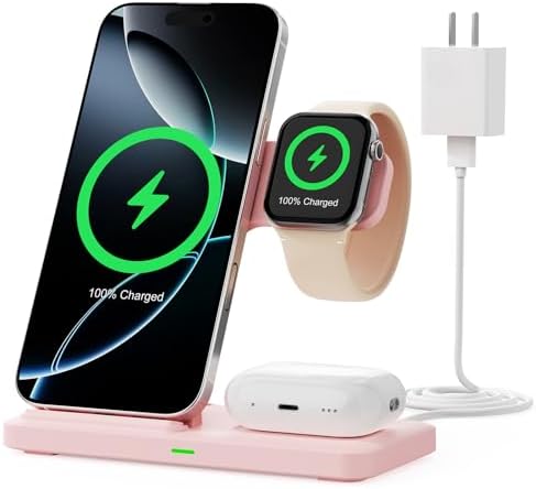 3-in-1 Wireless Charging Station for Apple Devices – 15 W Fast Charger Stand for i Phone 16/15/14/13/12/11, Apple Watch, and Air Pods – Convenient Portable Design with Enhanced Compatibility and Safety Features for Home and Travel – Perfect Gift for Tech Enthusiasts
