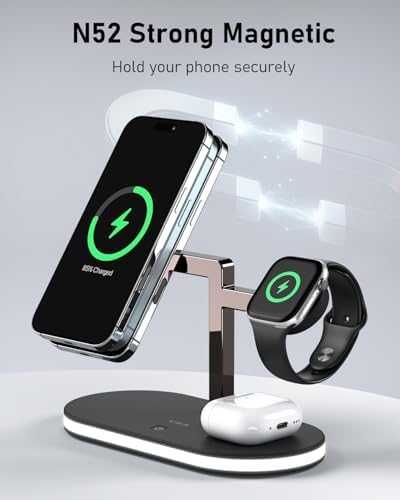 Revolutionary 4-in-1 Magnetic Wireless Charging Station for Apple Devices – Fast, Space-Saving Charger with Touch-Control Night Light for i Phone 12-16 Series, Apple Watch, Air Pods Pro 2/3/4, and More – Enhanced Compatibility & 25% Faster Charging (Black)