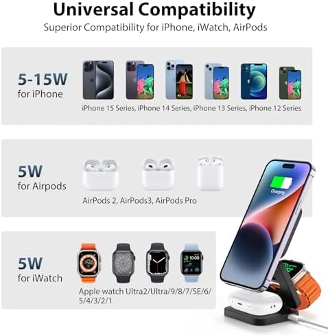 Revolutionary 3-in-1 Fast Wireless Charging Station – Magnetic & Foldable for Seamless Charging of i Phone 16/15/14/13/12/Pro/Max, Apple Watch 9/8/7/6/5/4/3/SE, and Air Pods 3/2/Pro – Compact, Portable, and Efficient 5 W Power Solution for the Modern User