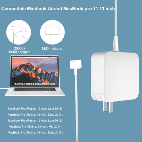 Efficient 60 W T-Tip Magnetic Mac Book Pro Charger – Universal Power Adapter for 2012-2015 Models – Fast Charging with Enhanced Safety – Compatible with Mac Book Air & Pro Retina 13-Inch – Durable 6.6 ft Cord for Versatile Use – Reliable Performance with 1-Year Warranty – Ideal for Multiple Laptop Households