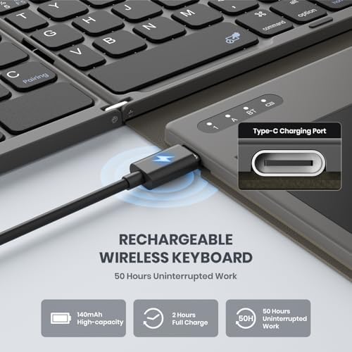 Ultimate Portable Bluetooth Keyboard with Touchpad – Foldable Full-Size Wireless Keyboard for Windows, Android & Mac – Sync 3 Devices, Premium PU Leather Design for Travel & Home Use