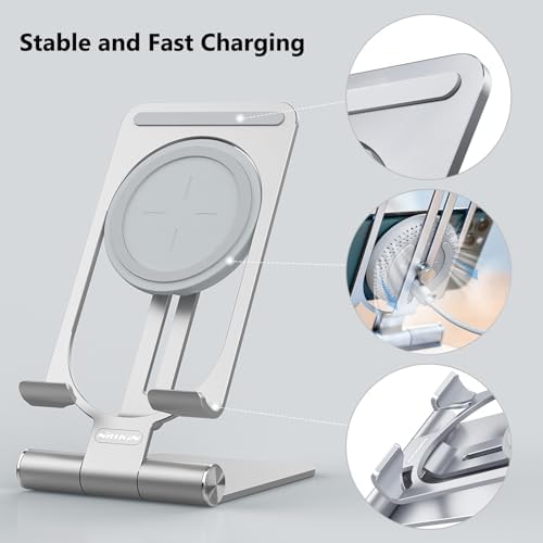 Nillkin Adjustable Metal Wireless Charging Stand – Fast Charge for i Phone 16 15 14 13 12 & Samsung Galaxy S25 S24 S23 S22 S21 Ultra/Plus – Versatile Space Grey Design for Enhanced Functionality and Safety