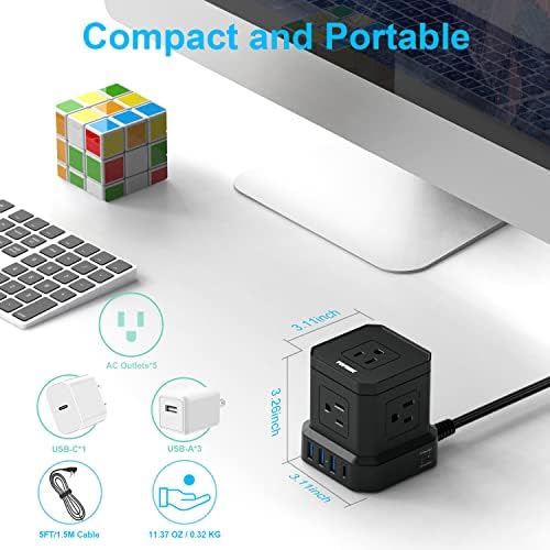 TOPREK Ultra-Slim 5-Outlet Power Strip with USB-C and USB-A Ports – 5 FT Flat Extension Cord Surge Protector for Efficient Charging in Home, Office, and Travel – Compact Design for Enhanced Portability and Safety