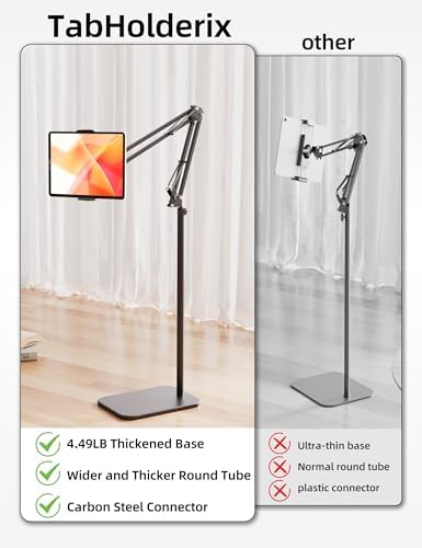 Adjustable Tablet Floor Stand with 4.5 LB Heavy Metal Base – Universal Phone Mount for i Pad, i Phone Pro, Samsung Galaxy Tab & E-Readers – Ergonomic Height & Angle Adjustment for Hands-Free Viewing & Enhanced Comfort