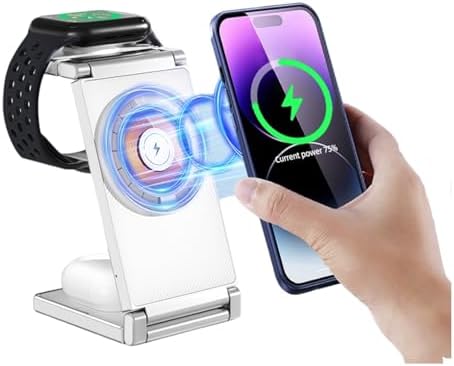 3-in-1 Magnetic Charging Dock for Apple Devices – Foldable & Portable Wireless Charger for i Phone 15/14/13/12 Max/Pro/Mini, Air Pods & Apple Watch – Fast, Efficient Charging Station in Sleek White Finish for Home & Travel