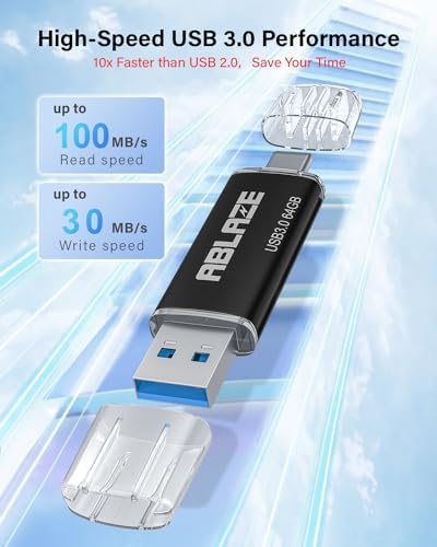 ABLAZE 128 GB Dual USB C Flash Drive 2 Pack – Ultra-Fast USB 3.0 & Type C Compatibility for i Phone 16/15, Android Devices, Laptops & Tablets – Perfect for On-the-Go File Transfers and Data Storage Solutions
