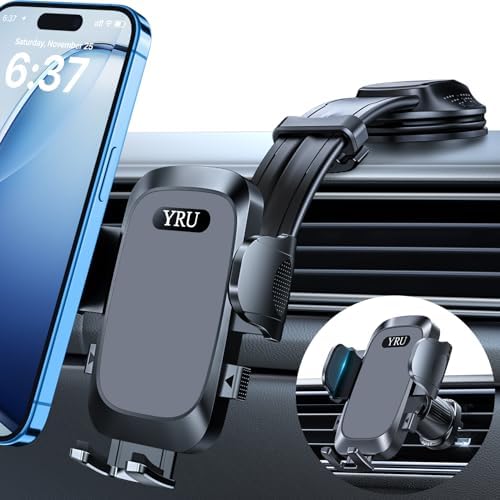 YRU 2025 Premium Adjustable Car Phone Holder Mount – Versatile Bendable Aluminum Arm for Secure Dashboard & Windshield Positioning – Universal Compatibility for i Phone 16, 15, 14, 13 Pro Max, Samsung & More – Sleek Black Design for Modern Vehicles – Effortless Tool-Free Installation – Enhance Navigation & Hands-Free Calling Experience