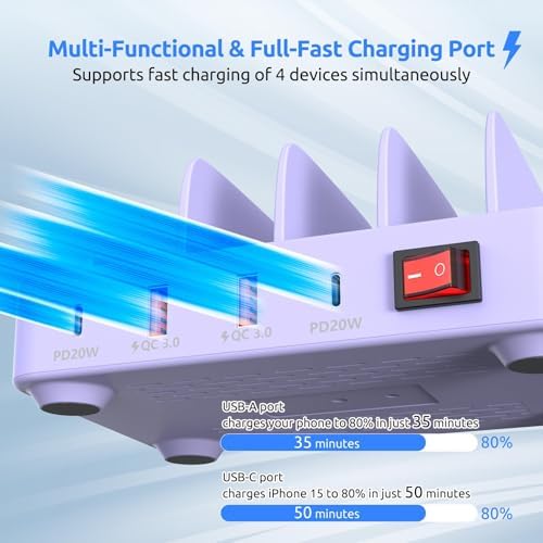 Purple 4-Port Fast Charging Station – Multi-Device USB Organizer Dock for i Phones, i Pads, Kindle Tablets, and More – Efficient Power Management with Enhanced Safety Features and Sleek Design for Home and Office Use