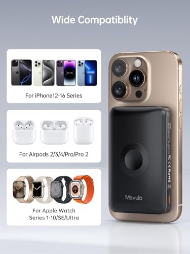 Magnetic 2-in-1 Wireless Portable Charger for Apple Watch & i Phone – 12000 m Ah Fast Charging Power Bank with 20 W Output for i Phone 16/15/14/13/12 & All Apple Watch Series – Compact Travel Essential in Pink – Charge 4 Devices Simultaneously with Advanced Safety Features