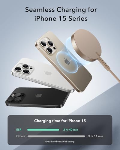 ESR Mag Safe 15 W Wireless Charger – Dual USB-C Charging Pad for i Phone 16 Pro Max, 16 Pro, 16, 16 Plus, 15, 14, 13, 12, and Galaxy S25 – Sleek Desert Titanium Finish – Effortless Magnetic Alignment for Air Pods Pro/3/4 – High-Speed Charging & Enhanced Device Compatibility