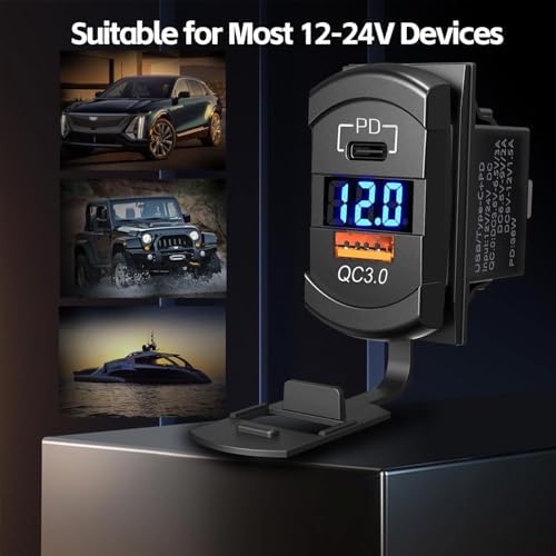 Ultimate 12 V Dual USB Fast Charger with QC3.0 & PD Type C – Marine Boat & RV Compatible Adapter Featuring LED Voltmeter for Real-Time Voltage Monitoring – Reliable Power for All Your Devices on the Go