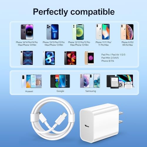 Premium 20 W PD Fast Charger Set for i Phone 14 – 3-Pack Type-C Wall Charger with 6 ft USB-C to Lightning Cables for Rapid Charging Compatibility with i Phone 14/14 Pro/14 Pro Max/13/12/11 – Optimal Speed and Versatility for Home, Office, and Travel