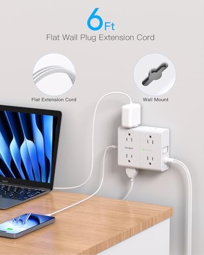 Versatile Surge Protector Power Strip with 8 AC Outlets & 4 USB Ports (2 USB-C), 6 Ft Flat Plug Extension Cord, 1080 Joules Safety Rating, Wall Mountable Charging Station for Home, Office, and Dorm – Streamlined Device Management & Fast Charging Enhanced