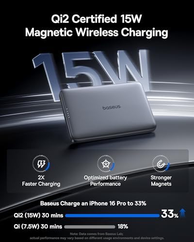 Baseus Picogo Mag Safe Ultra-Slim 10,000 m Ah Fast-Charging Power Bank for i Phone 12-16 Series – 15 W Qi2 Certified Wireless Charger with USB-C Cable for Seamless On-the-Go Energy Solutions