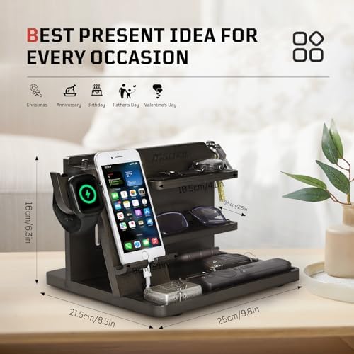 Nightstand Organizer, Wood Phone Docking Station with Adjustable Rack, Bedside Desk Organizer, EDC Tray for Men, Dads, Husbands – Ideal for Anniversaries and Birthdays – Dark Brown – Enhanced Compatibility and Speed