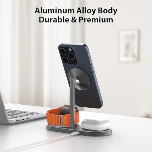 Sleek Aluminum Alloy 3-in-1 Magnetic Wireless Charging Station for Apple Devices – Fast 5 W Charger for i Phone 16/15/14/13/12, Apple Watch 9/8/7/SE & Air Pods – Ideal Travel Accessory for Clutter-Free Charging Solutions