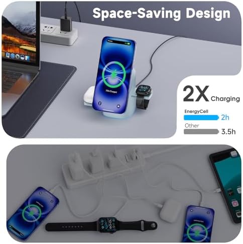 Revolutionary 3-in-1 Rotating Wireless Charger – Qi2 Certified 15 W Fast Charging Station for i Phone 16/15/14/13/12, Apple Watch & Air Pods – Enhanced Heat Management & Magnetic Alignment – Sleek Matte Design with Touch-Sensitive Stand and Ambient Night Light – Effortless Portrait/Landscape Mode for Seamless Use – Ultimate Charging Solution for All Your Apple Devices – Organized Desktop Power Hub with Smart IC Protection – Includes Power Adapter & USB-C Cable – Perfect for Home, Office, or Travel
