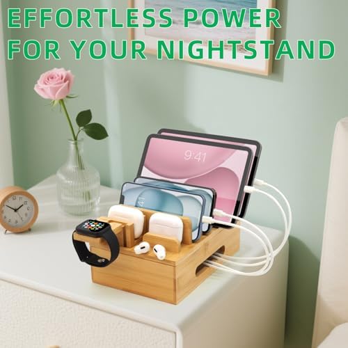 Eco-Friendly Bamboo Charging Station: Multi-Device Organizer Dock for Phones, Tablets, Smartwatches & Earbuds – Includes 6 Cables for Enhanced Compatibility & Fast Charging – Stylish Desk Accessory for Tidy Workspaces