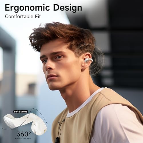 aigo Open Ear Bluetooth Earbuds – Ultra-Lightweight Clip-On Headphones for Active Fitness Enthusiasts, Secure Over-The-Ear Design with Built-In Mic, Effortless Wireless Charging, Enhanced Device Compatibility, Superior Sound Quality for Running and Workouts