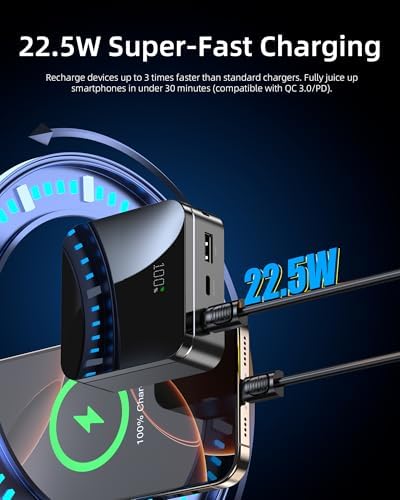 T-CORE 10,000 m Ah Mini Power Bank – Ultra-Compact Fast Charging Portable Charger with Built-in USB-C Cable for Seamless Compatibility with i Phone 15/16 and Samsung Devices – Essential Travel Companion for Camping and On-the-Go Power Solutions