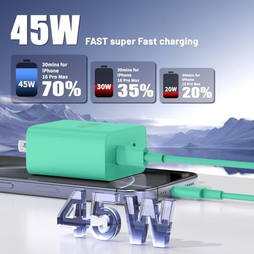 Ultimate Fast Charging Solution for i Phone 16/15 Pro Max – 45 W Dual Port USB-C Charger Block (2-Pack) with Extra Long 60 W Cables – PD Quick Adapter 3.0 for Enhanced Device Compatibility and Speed – Perfect for Home or On-the-Go Charging