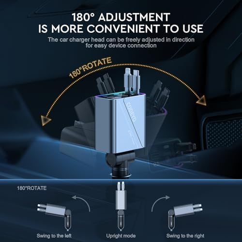Revolutionary 4-in-1 Retractable Car Charger – 146 W Fast Charging Solution with PD 65 W & 30 W Outputs, 2.9 ft Tangle-Free Cord, RGB Light for Enhanced Visibility, Perfect Compatibility for i Phone 16/15/14/13/12, Android Devices & Laptops – Sleek Gray Design for Modern Vehicles