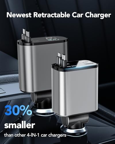 2025 Ultra-Compact 4-in-1 Retractable Car Charger – 69 W Fast Charging Adapter for i Phone 16, Galaxy and More – Innovative Space-Saving Design with Multiple Ports for Simultaneous Device Powering – Essential Car Accessory for Daily Commutes and Road Trips