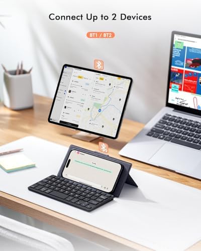Doohoeek Universal Bluetooth Mini Keyboard – Portable Dual-Device Wireless Keypad with Orange Navigation Keys & Adjustable Stand for Android, i OS, and Windows – Perfect Travel Companion for Galaxy Z Fold & i Pad Mini Users – Boost Your Productivity On-the-Go