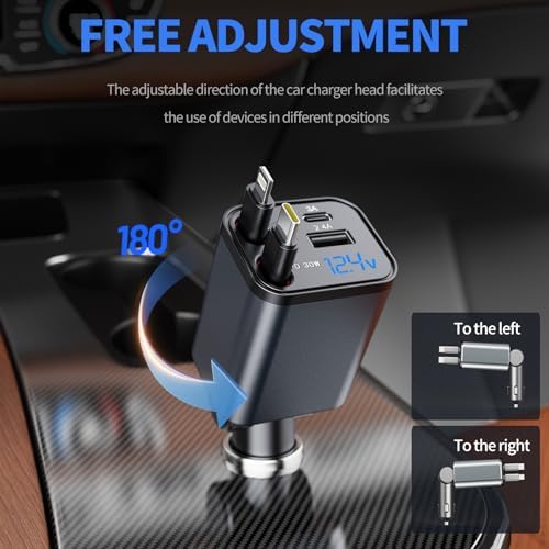 Kwak’s Retractable USB C Car Charger – Ultra-Fast Charging Adapter with Dual Apple Cables for i Phone 14, 13, 12, 11 | Tidy Retractable Design for Effortless On-the-Go Power Solutions | Compact & Portable Vehicle Charging Accessory