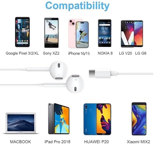 Elevate Your Audio Experience with Dual Pack Hi-Fi USB C Earbuds – Lightweight Stereo Headphones with Integrated Microphone & Volume Control for i Phone 16/15, Galaxy S23/S22/S21/S20/Ultra, and Google Pixel Devices – Ergonomic Comfort and Superior Sound Quality for Everyday Listening
